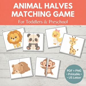 Può includere: Un gioco di abbinamento per bambini con metà animali. Il gioco include illustrazioni di un leone, un panda, un'anatra, una giraffa, un orso e una scimmia. Il testo "ANIMAL HALVES MATCHING GAME" e "For Toddlers & Preschool" sono visualizzati in alto.