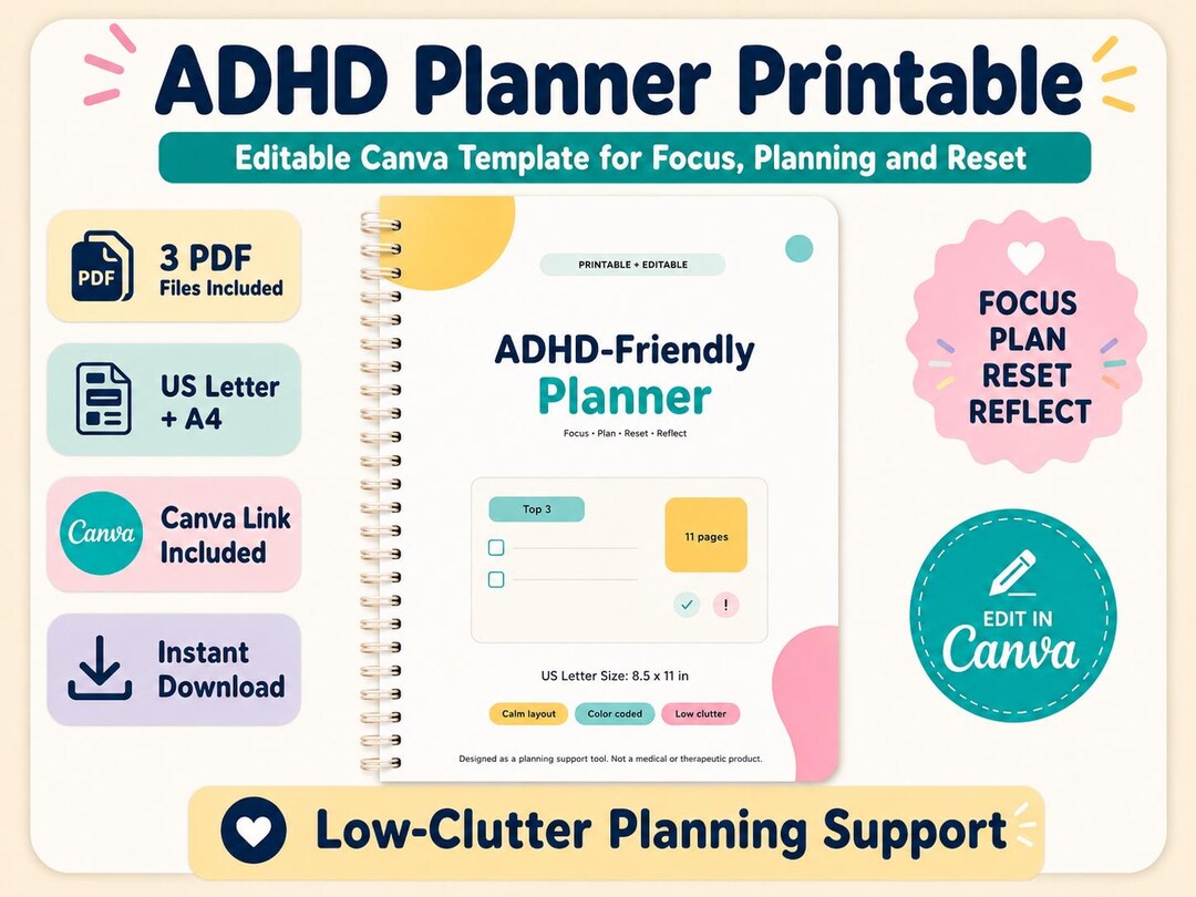 ADHD Planner Printable Editable Canva Template for Daily Focus Brain ...