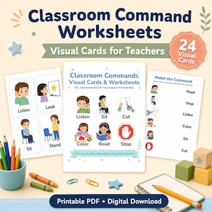 May include: Classroom command worksheets with visual cards for teachers. The image shows cards with commands such as "Listen," "Look," "Sit," and "Stand." There are also colored pencils, paper clips, and wooden blocks. The text reads "Printable PDF • Digital Download."