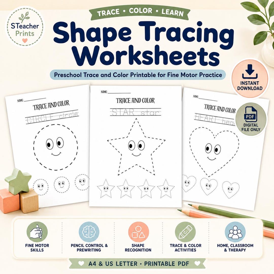Shape Tracing Worksheets PDF | Preschool Trace and Color Printable for ...