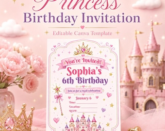 Princess Birthday Invitation, Editable Canva Template | Fairytale Party for Girls