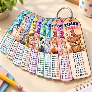 May include: A set of ten colorful educational flashcards on a metal ring, each featuring a different animal illustration and a times table from 1 to 10. Each card displays the number, a cartoon animal, and multiplication equations in clear text.