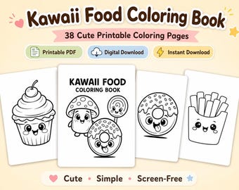 子供向けかわいい食べ物ぬりえブック、かわいい食べ物の印刷ページ、ぬりえアクティビティ（デジタルダウンロード）