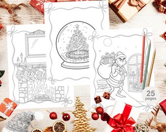 May include: A collection of Christmas-themed coloring pages with detailed line art illustrations. The pages feature a snow globe, a fireplace with stockings, and a character carrying a sack of gifts. The text "25 pages" is visible.