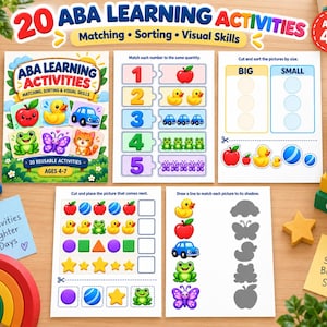 Può includere: Un set di 20 schede didattiche di apprendimento ABA per bambini dai 4 ai 7 anni, con esercizi di abbinamento, classificazione e abilità visive, caratterizzate da illustrazioni colorate di mele, anatre, auto, rane, farfalle e forme.