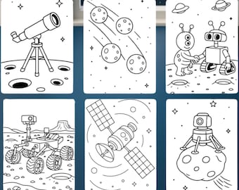 Könnte beinhalten: Sechs schwarz-weiße Ausmalbilder zum Thema Weltraum. Die Bilder zeigen ein Teleskop, Meteore, einen Außerirdischen, der einem Roboter die Hand schüttelt, einen Rover, einen Satelliten und eine Mondlandefähre. Jedes Bild ist mit schwarzen Linien umrandet.