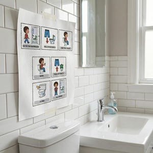 May include: A white instructional poster with illustrations and text, taped to a tiled wall in a bathroom. The poster shows steps for using the toilet, including "Go to the Bathroom," "Pull Down Pants," and "Use the Toilet."