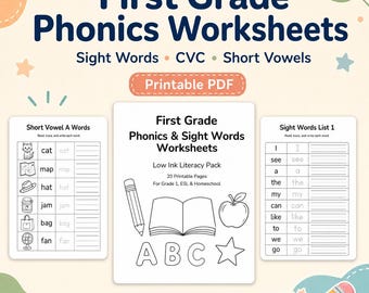 First Grade Phonics Worksheets PDF | CVC Words and Sight Word Practice