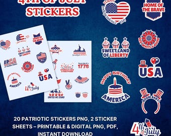 4th of July Patriotic Stickers Bundle | 20 PNG Designs (Digital Download)
