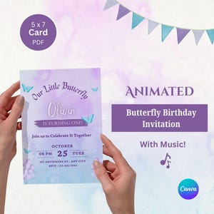 Convite de aniversário de borboleta editável para menina | Cartão animado de aniversário | Modelo de aquarela roxa do Canva | Convite digital para festa