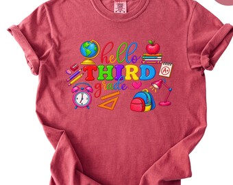 Comfort Colors® Hello Third Grade Shirt, Choose your Grade, First Day of School Tee, Rainbow Back to School Shirt, 3th Grader Gift