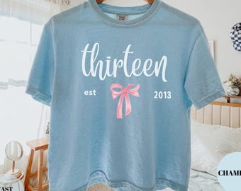 Comfort Colors® Personalized Thirteenth Birthday Cropped Tee for Girls, Coquette Bow Boxy Tee, Custom 13th Teen Shirt, Birthday Gift for Her