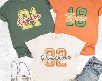 Comfort Colors® Custom Mascot Number Shirt, Personalized School Spirit Tee, Team Name Football Baseball Softball Game Day Shirt