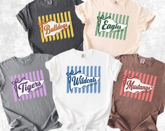 Comfort Colors® Custom School Mascot Shirt, School Spirit Shirt, Preppy Game Day Shirt, Back To School Tee, Stripe Pennant Flag Mascot Shirt