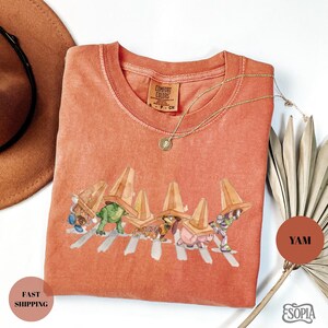 May include: A coral Comfort Colors t-shirt featuring a graphic of cartoon characters crossing a street, each wearing a traffic cone hat. A gold necklace with a pendant is draped on the shirt. The shirt has the text "Comfort Colors" on the tag.