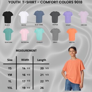 May include: A variety of youth t-shirts in different colors, including black, white, blue jean, pepper, violet, orchid, seafoam, blossom, chalky, gray, and melon. The image also shows size measurements in inches for width and length.