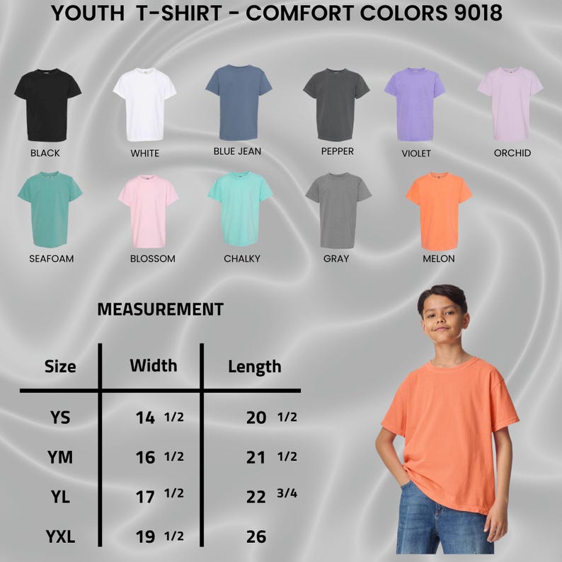 May include: A variety of youth t-shirts in different colors, including black, white, blue jean, pepper, violet, orchid, seafoam, blossom, chalky, gray, and melon. The image also shows size measurements in inches for width and length.