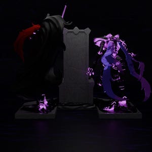 May include: A dark, digitally rendered scene featuring two figures flanking a stone throne. One figure is cloaked in black with red accents, the other in purple and blue. The scene is illuminated with purple light.