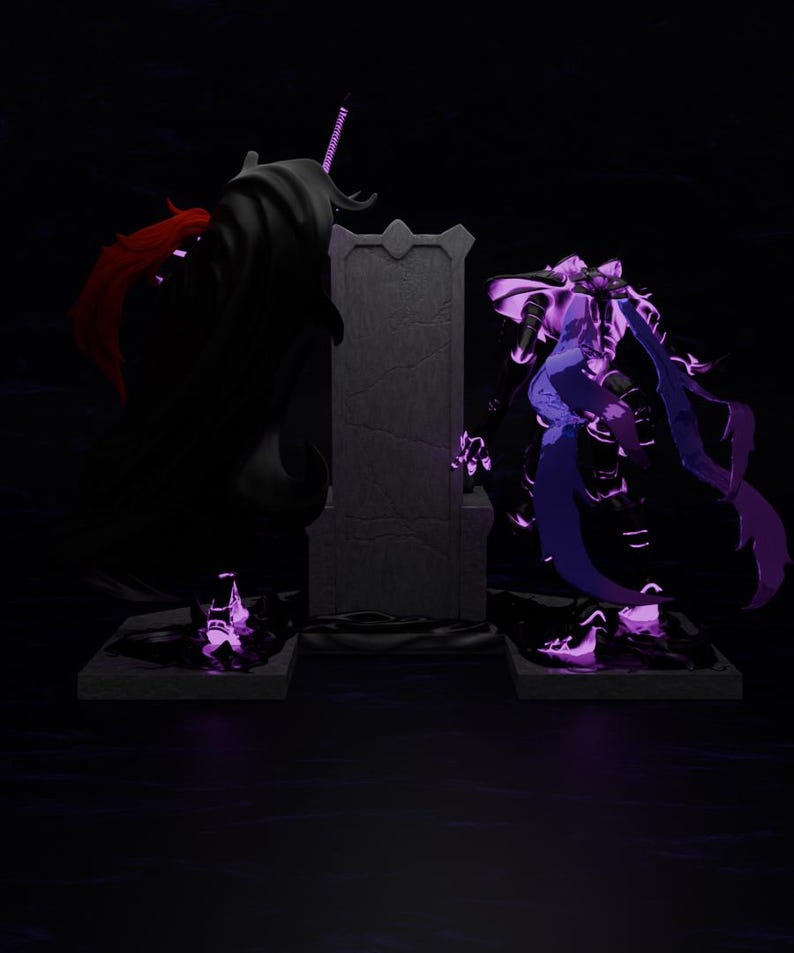 May include: A dark, digitally rendered scene featuring two figures flanking a stone throne. One figure is cloaked in black with red accents, the other in purple and blue. The scene is illuminated with purple light.