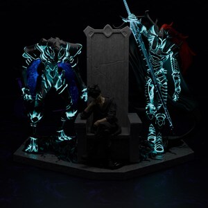 May include: A dark fantasy scene featuring a person seated on a throne between two glowing armored figures. The figures and throne have a teal glow against a dark background. One figure holds a sword.