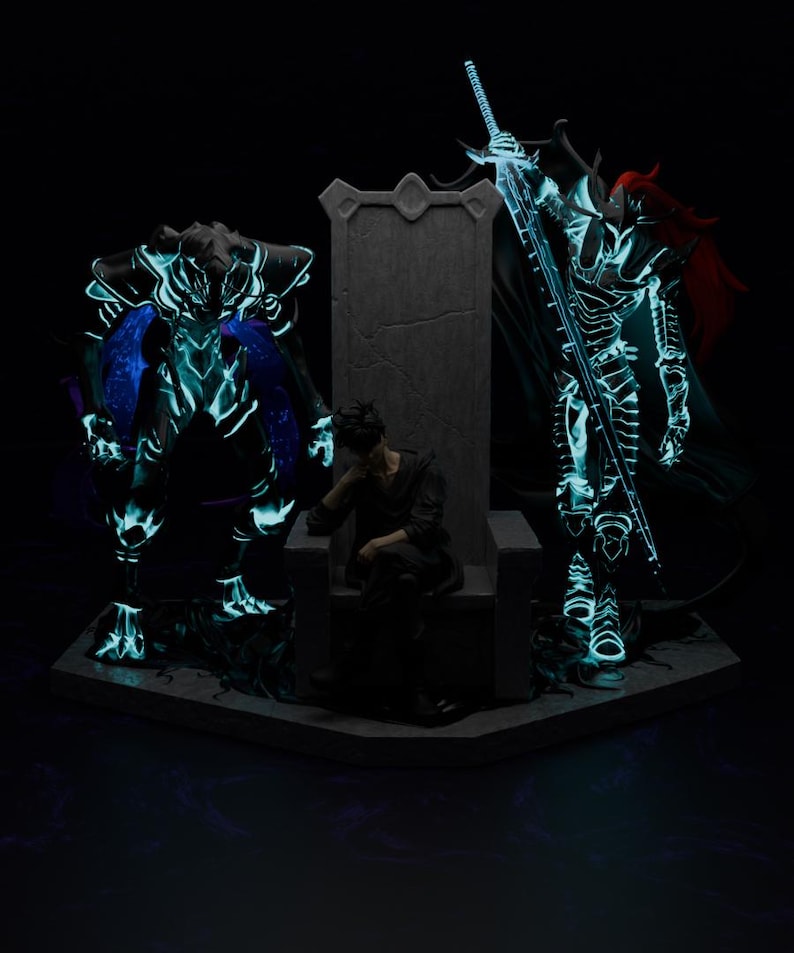May include: A dark fantasy scene featuring a person seated on a throne between two glowing armored figures. The figures and throne have a teal glow against a dark background. One figure holds a sword.