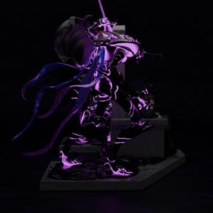May include: A detailed figurine of a warrior in dark armor, highlighted with vibrant purple neon accents. The figure is posed with a sword, set against a dark background, creating a dramatic and dynamic visual.