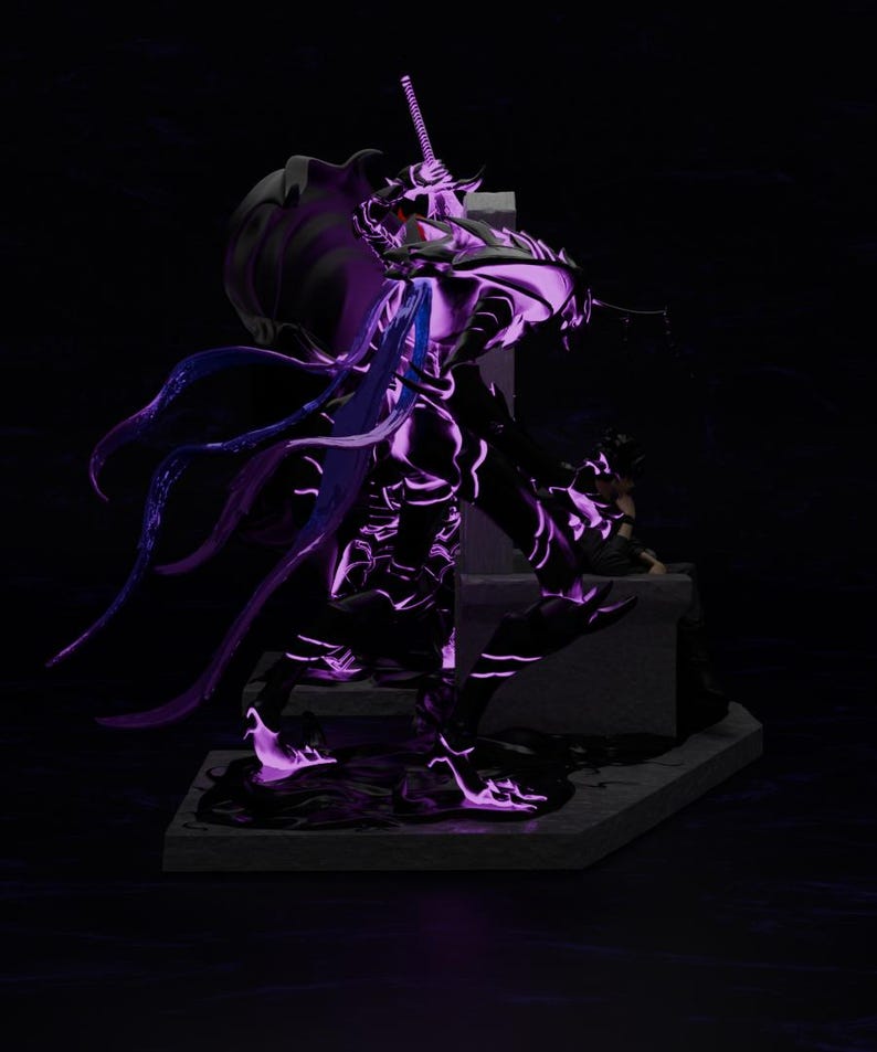 May include: A detailed figurine of a warrior in dark armor, highlighted with vibrant purple neon accents. The figure is posed with a sword, set against a dark background, creating a dramatic and dynamic visual.