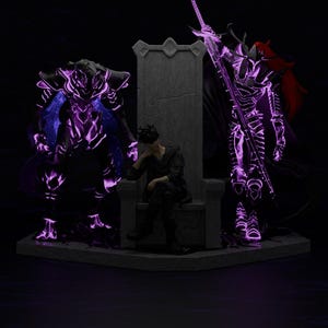 May include: A digital art piece featuring a person seated on a stone throne, flanked by two armored figures with glowing purple accents. The figures stand on a stone platform, all set against a dark background.