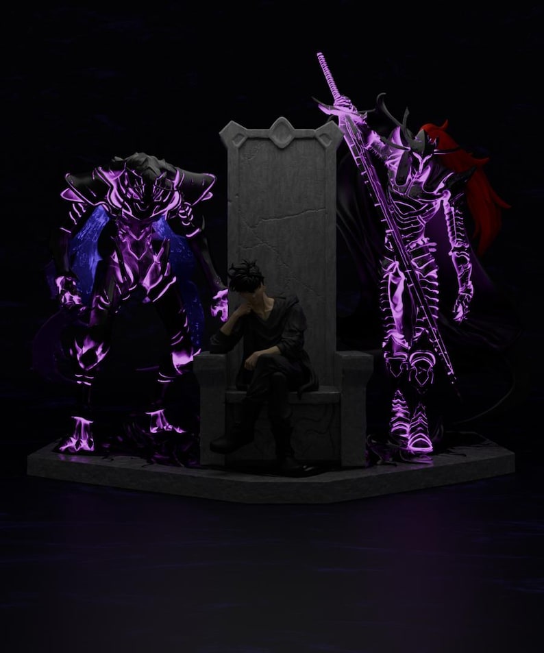 May include: A digital art piece featuring a person seated on a stone throne, flanked by two armored figures with glowing purple accents. The figures stand on a stone platform, all set against a dark background.