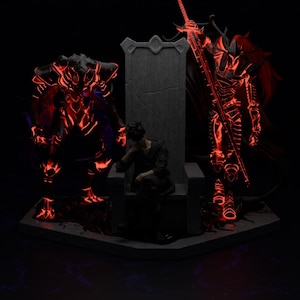 May include: A dark, artistic rendering of a person seated on a throne, flanked by two glowing red figures. The figures appear to be armored warriors or demons, with intricate details and a menacing presence. The scene is set against a dark background.