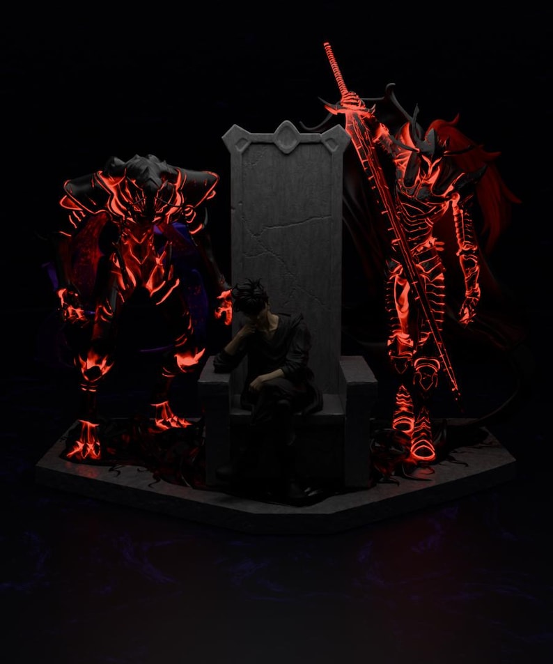May include: A dark, artistic rendering of a person seated on a throne, flanked by two glowing red figures. The figures appear to be armored warriors or demons, with intricate details and a menacing presence. The scene is set against a dark background.
