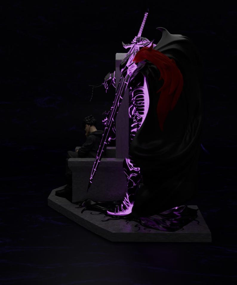 May include: A detailed statue of a warrior in black armor, cape, and a large sword, illuminated with purple light. A red accent is visible on the cape. A person is seated on a stone structure in the background. The overall theme is fantasy.