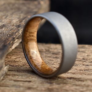 Titanium and Teak wood lined Men&#39;s Ring with Flat Profile | Stonewashed Matte Finish Titanium | Waterproof Wooden Wedding Band