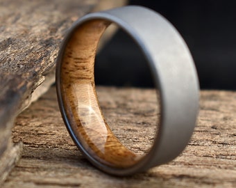 Titanium and Teak wood lined Men's Ring with Flat Profile | Stonewashed Matte Finish Titanium | Waterproof Wooden Wedding Band