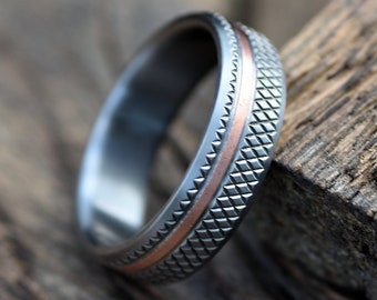 Titan (Bright) | Titanium and Copper Inlay Men's Wedding Band | Industrial Textured Ring | Handcrafted in the USA