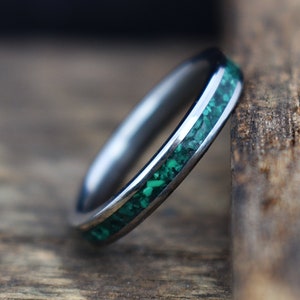Athena - Women&#39;s Green Malachite Inlay Titanium Stacking Ring | Women&#39;s Wedding Ring with Natural Stone Inlay