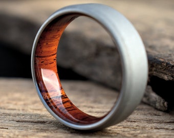 Titanium and Cocobolo Wood Mens Wedding Band | Beveled edge | Matte Stonewashed Finish | Wood and Metal Ring | Waterproof Wood Wedding Ring