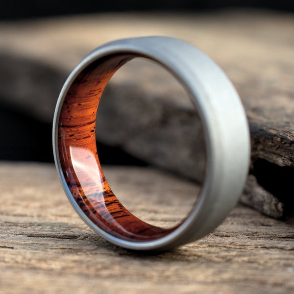 Titanium and Cocobolo Wood Mens Wedding Band | Beveled edge | Matte Stonewashed Finish | Wood and Metal Ring | Waterproof Wood Wedding Ring