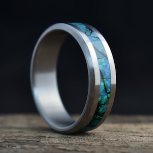 Titanium Mens Wedding Band: Cultured Opal Inlay, Hypoallergenic Ring