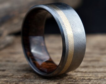 Titanium Men's Wedding Ring: Koa Wood Lined Band with Bronze Inlay