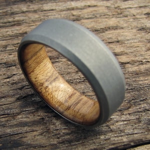 Titanium and Teak wood lined Men&#39;s Ring With Chamfer | Stonewashed Matte Finish Titanium | Waterproof Wooden Wedding Band