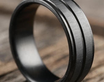 Engraved Obsidian Black Titanium Mens Wedding Band— Brushed Finish