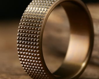 Grid Knurled Titanium Men's Wedding Band w/ Burnt Bronze Patina— Square Knurl Ring