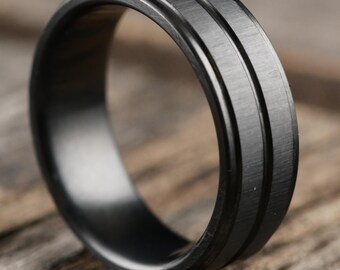 Obsidian— Scratch Resistant Black Titanium Mens Wedding Band. Satin Cross Brushed Finish
