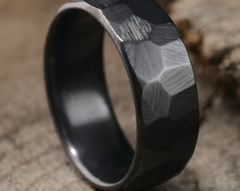 Ridge— Scratch resistant Black Titanium Mens Wedding Ring w/ Custom Engraving. Rough Faceted Ring