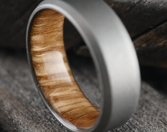 Whiskey Barrel Wood Men's Ring With Stonewashed Titanium Outside