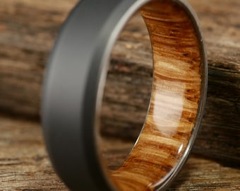 Black Titanium And Whiskey Barrel Oak Wood Ring— Waterproof Mens Wedding Band