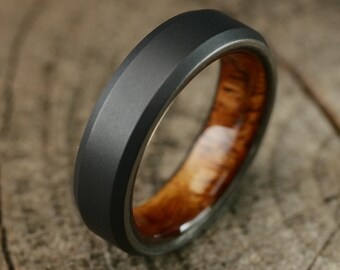 Black Titanium And Wood Ring— Hawaiian Koa Wood Inlay, Waterproof Mens Wedding Band