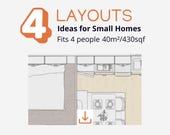 Four Tiny House Floor Plan Pack | 2 Bedroom Small Home Design | 40sqm / 431 sqf | 4 Fully Furnished Layouts | 30 Page PDF | Instant Download