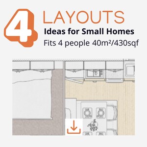 Four Tiny House Floor Plan Pack | 2 Bedroom Small Home Design | 40sqm / 431 sqf | 4 Fully Furnished Layouts | 30 Page PDF | Instant Download